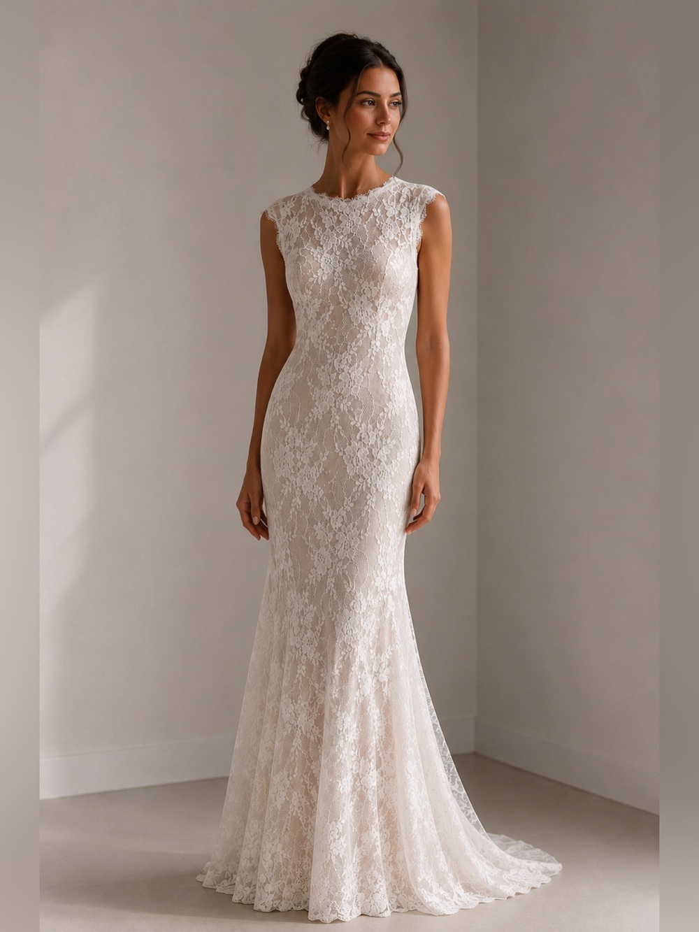 Betsy & Adam White Lace Nude Sequin Mermaid Wedding Dress Flattering Timeless
